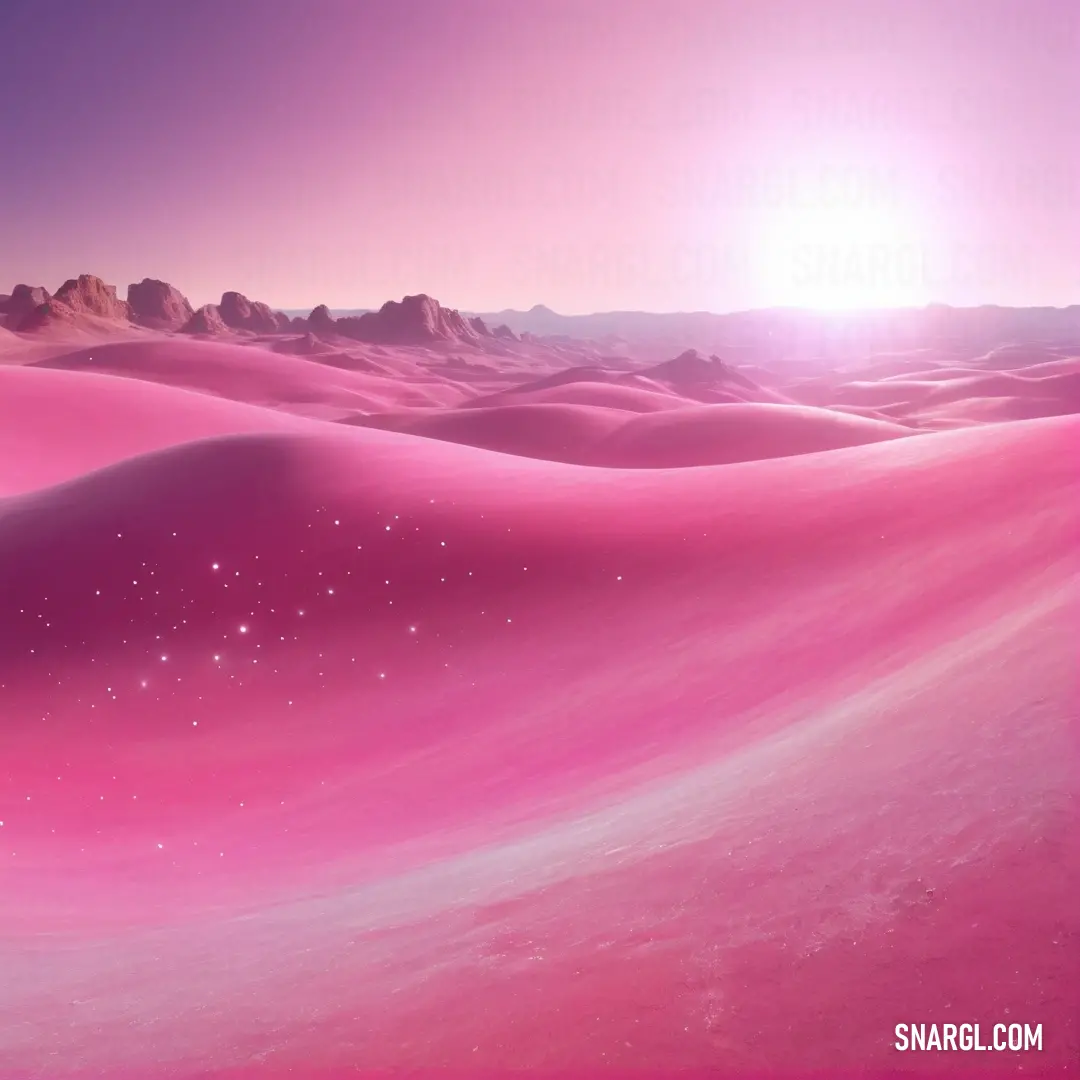 Pink desert with a star filled sky and a bright sun in the background. Example of CMYK 0,80,15,0 color.