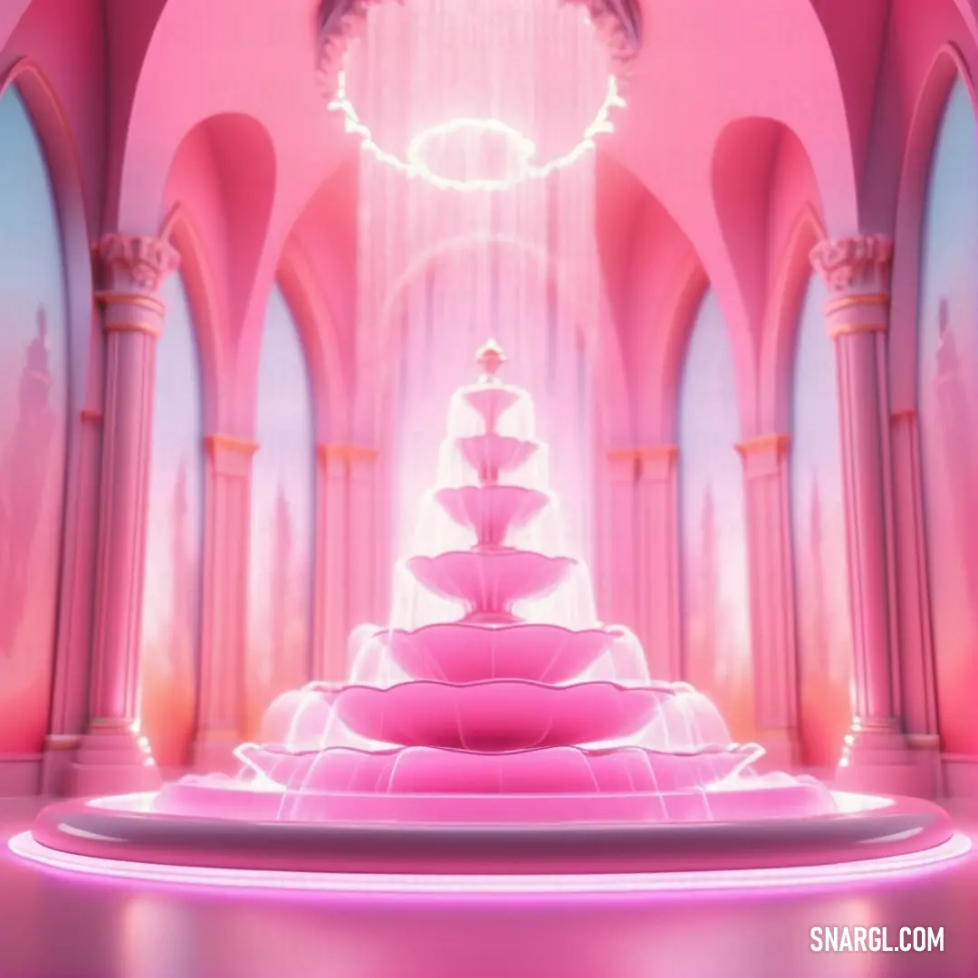 Pink fountain in a pink room with arches and arches around it. Example of CMYK 0,80,15,0 color.