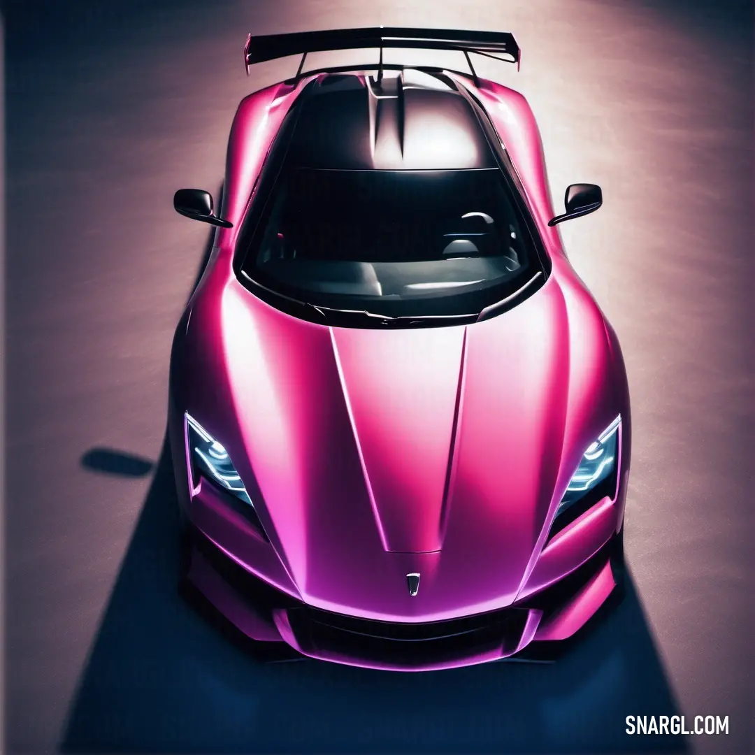 Pink sports car with a surfboard on top of it's roof is shown in a dark room. Example of RGB 239,83,142 color.