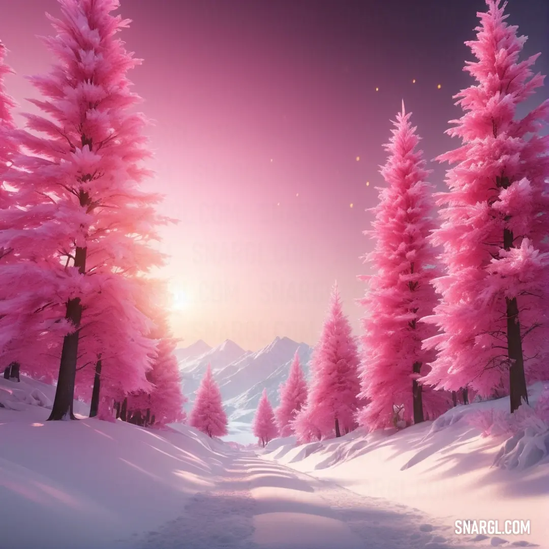 Pink winter scene with snow covered trees and a pink sky in the background. Color NCS S 1060-R20B.