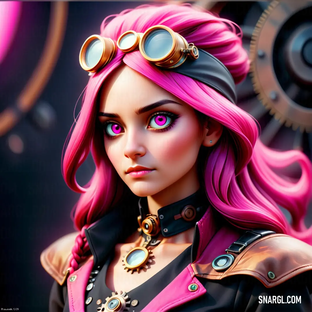 Woman with pink hair and goggles on her head and a steampunky outfit on her shoulders. Color NCS S 1060-R20B.