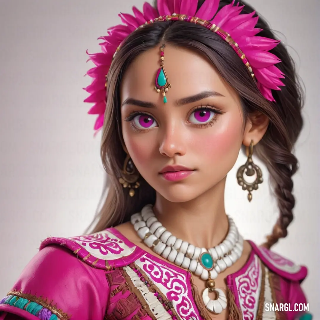 Doll with a pink headdress and a necklace and earrings on her head and a pink dress. Example of RGB 217,73,151 color.