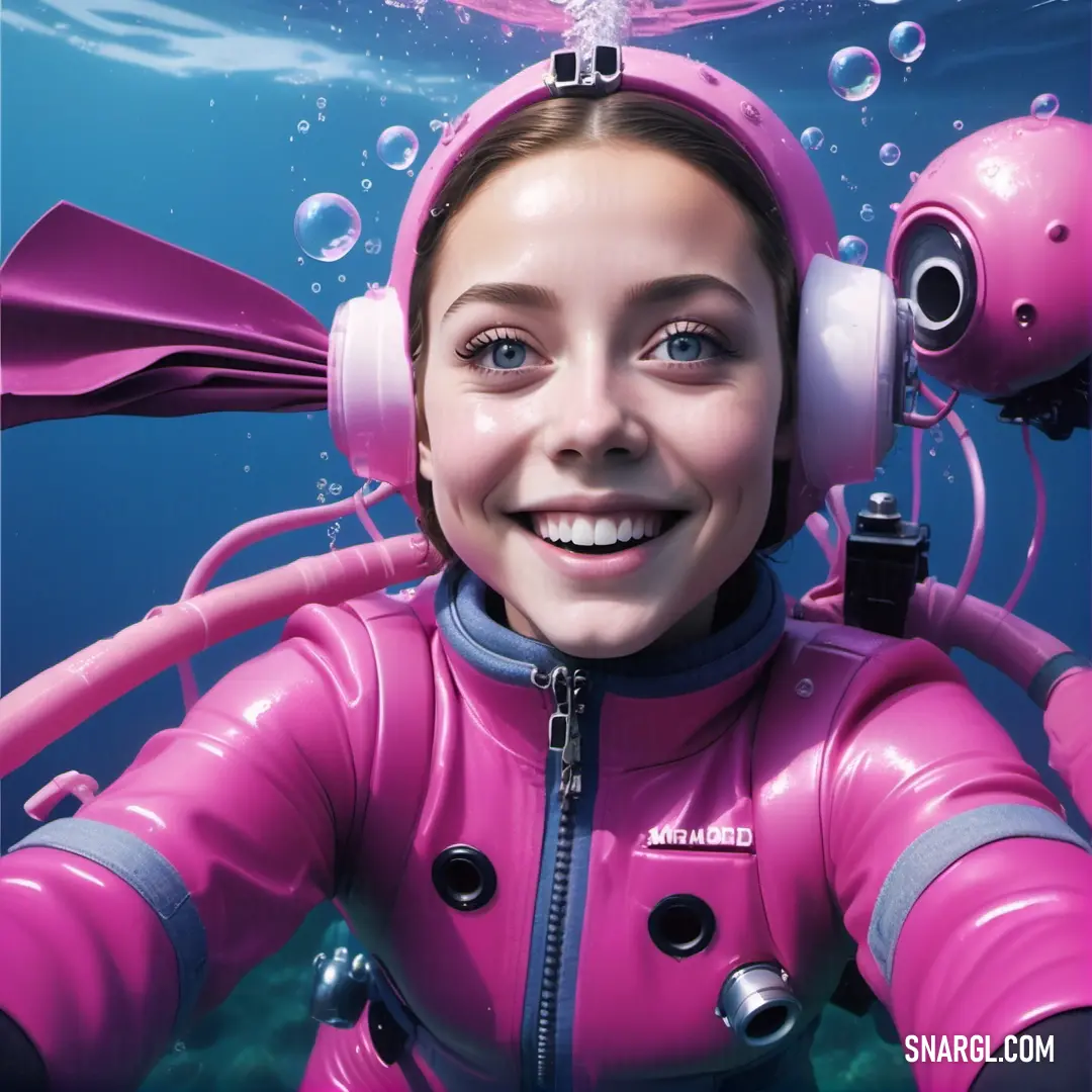 NCS S 1060-R30B color. Girl in a pink scuba suit with headphones on and a pink scuba suit on