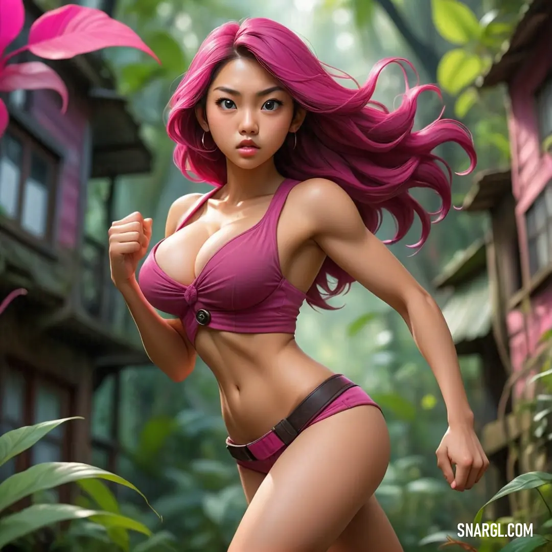 Woman in a bikini running through a jungle with a pink flower in her hand and a house in the background. Example of #D94997 color.