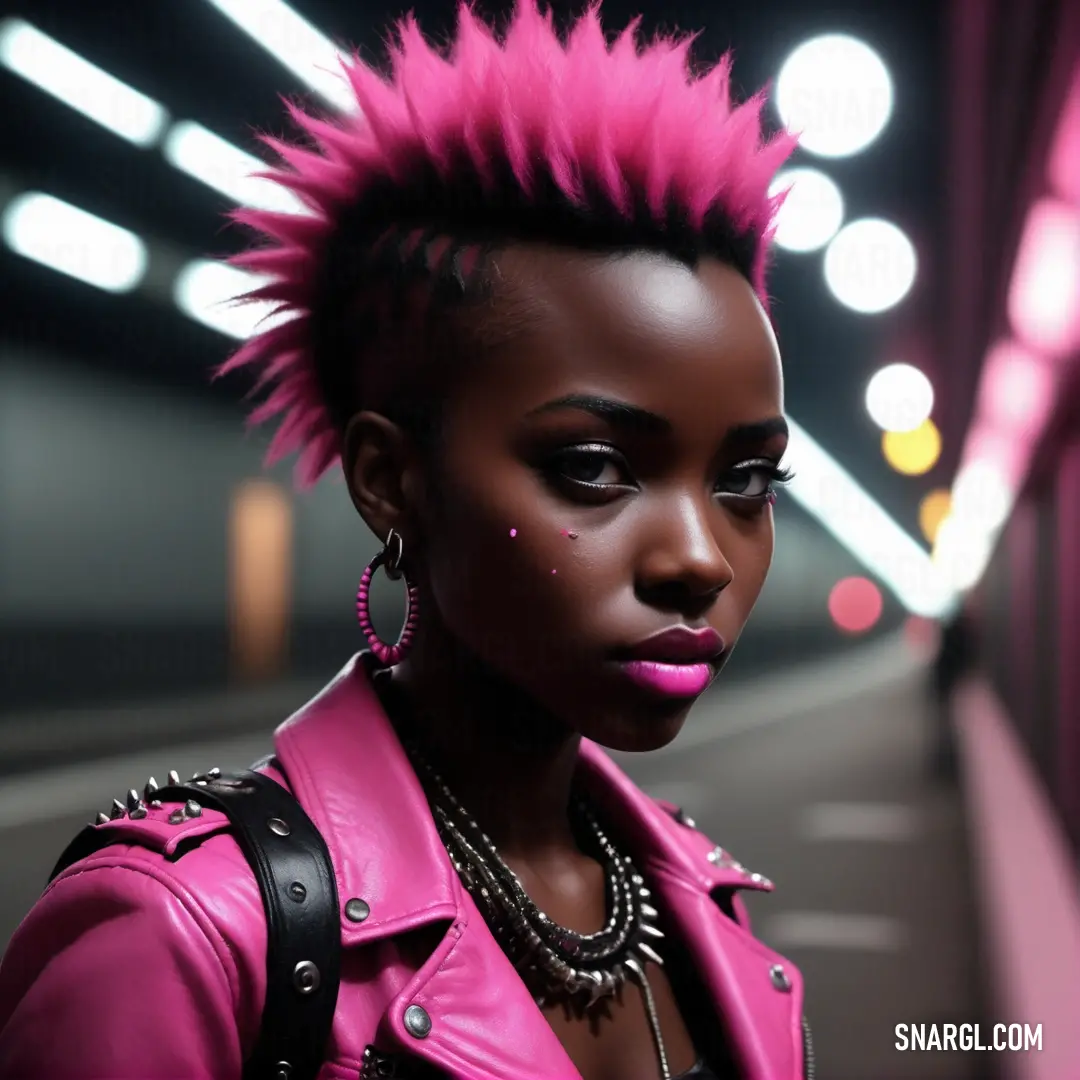 Woman with pink hair and piercings standing in a tunnel with lights in the background. Example of NCS S 1060-R30B color.