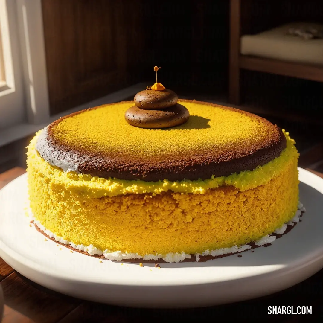 Cake with a chocolate top on a plate on a table with a window in the background. Color RGB 252,211,43.