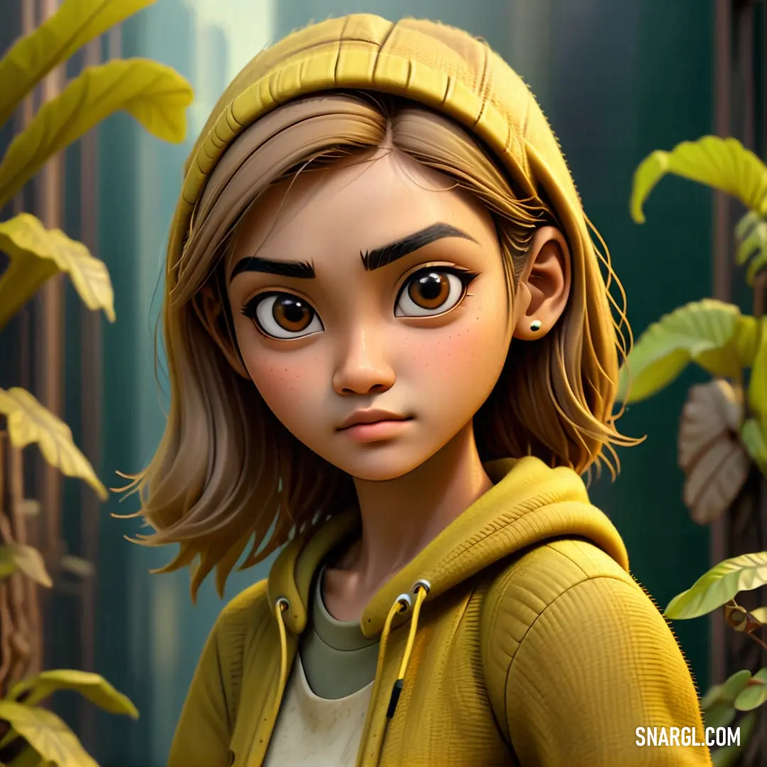 Cartoon girl with a yellow hoodie and a green plant behind her is staring at the camera with a serious look on her face
