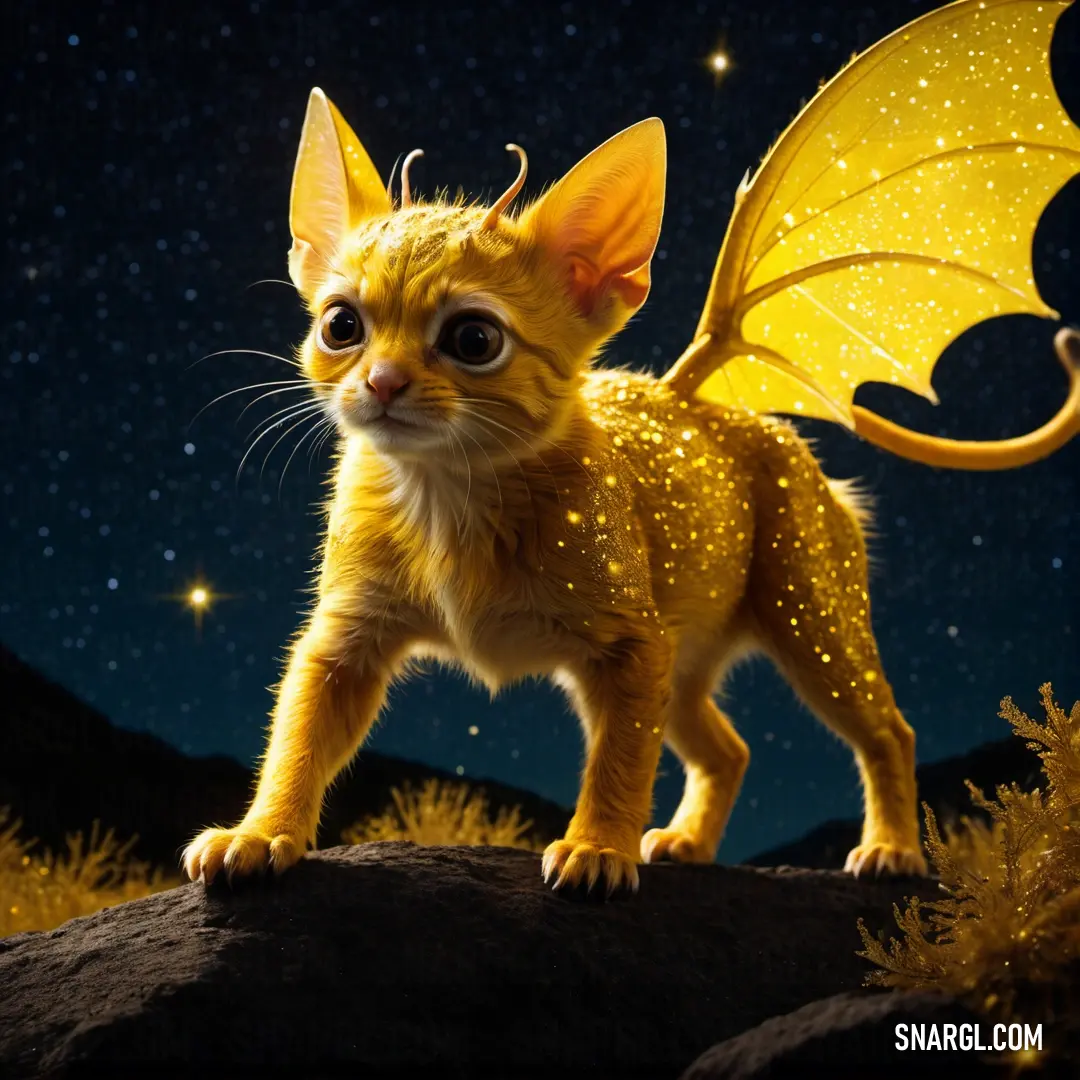 Cat with a yellow wings standing on a rock in the night sky with stars on it's wings. Example of CMYK 0,13,90,0 color.