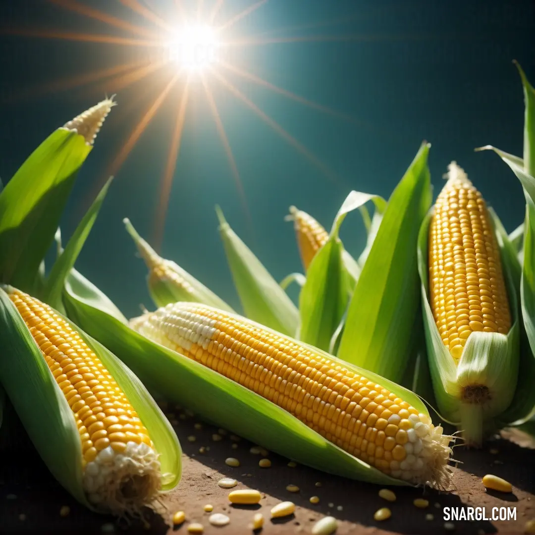 NCS S 1060-Y color example: Close up of corn on the cob with the sun shining in the background