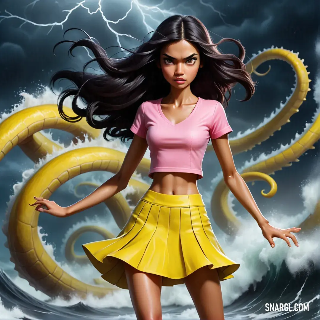 Woman in a yellow skirt and pink shirt is standing in front of a yellow snake and lightning background. Example of #FCD32B color.