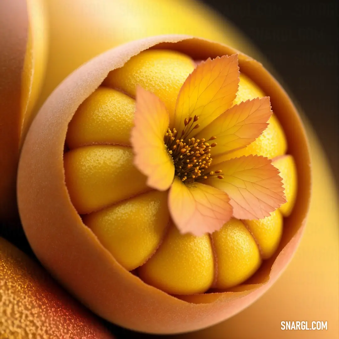 Yellow flower is in a round orange object with a yellow background. Example of RGB 252,211,43 color.