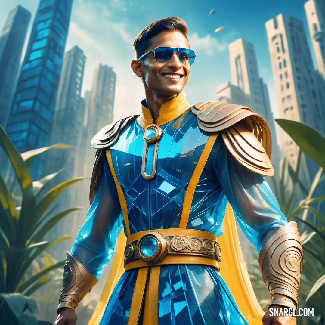 NCS S 1060-Y10R color example: Man in a blue and yellow outfit and sunglasses standing in front of a cityscape with skyscrapers