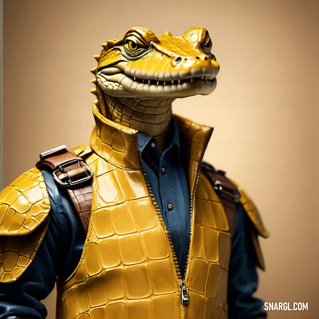 Toy alligator wearing a yellow vest and blue shirt with a brown belt and a blue shirt. Color NCS S 1060-Y10R.