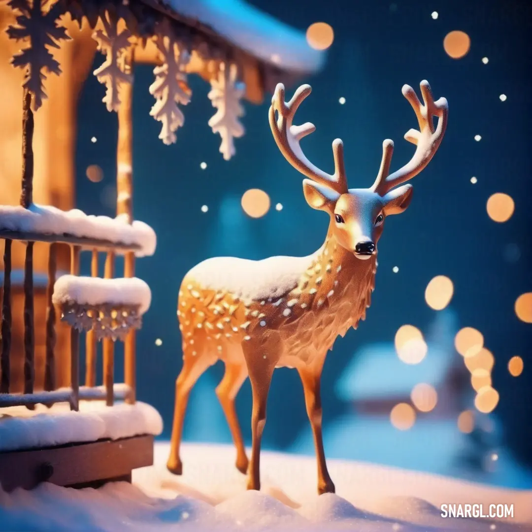 Deer statue standing in the snow next to a fence and a building with lights on it's sides. Color #F7953A.