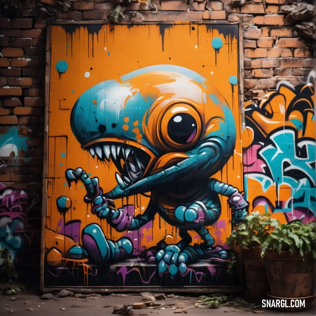 Graffiti wall with a painting of a blue alien with a large mouth. Color CMYK 0,50,80,0.