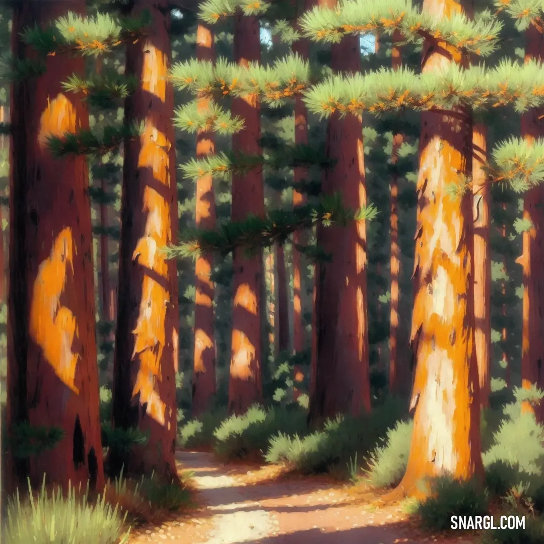 NCS S 1060-Y30R color example: Painting of a path through a forest with tall trees and green grass on either side of the path