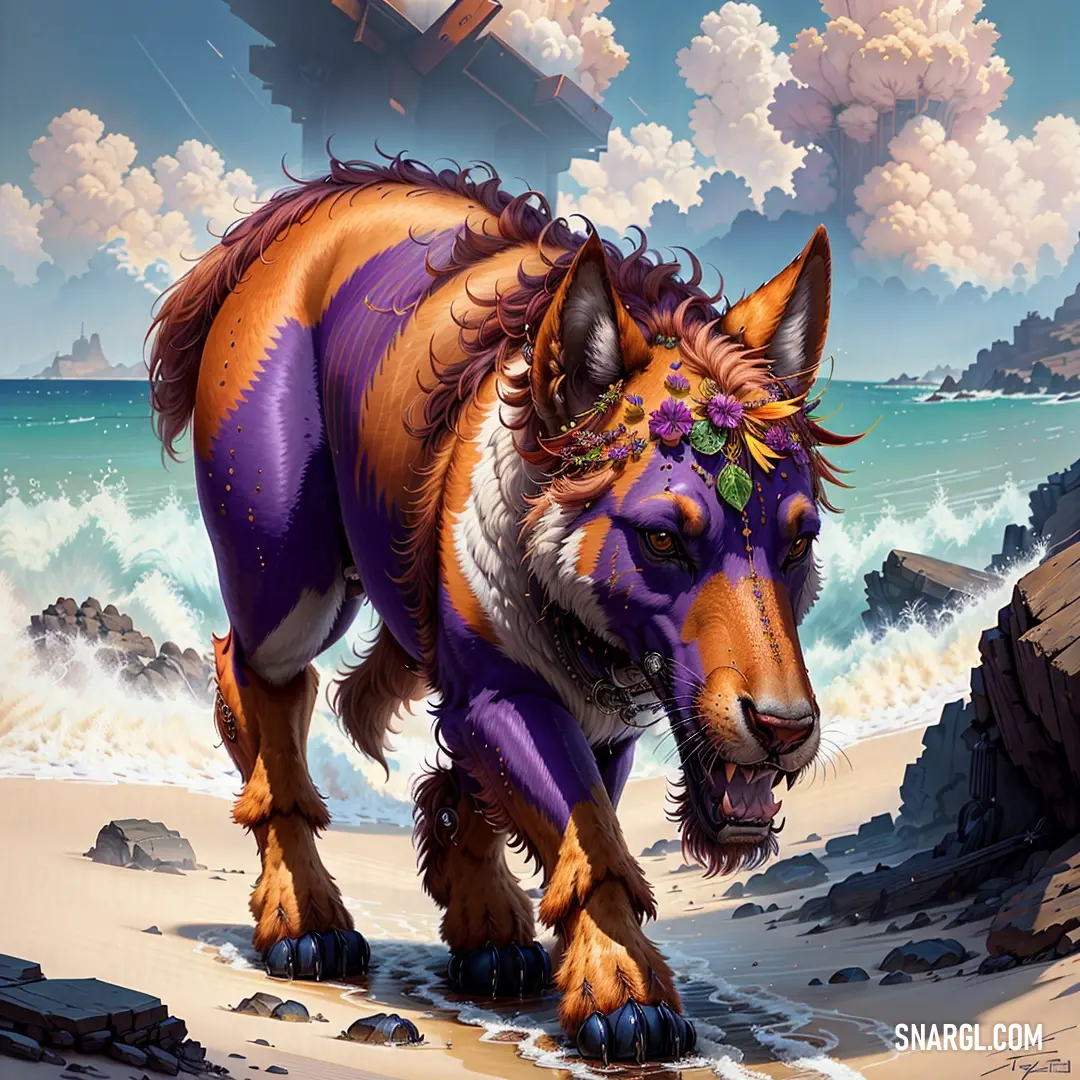 Painting of a purple and orange wolf on a beach with a ship in the background. Example of #F7953A color.