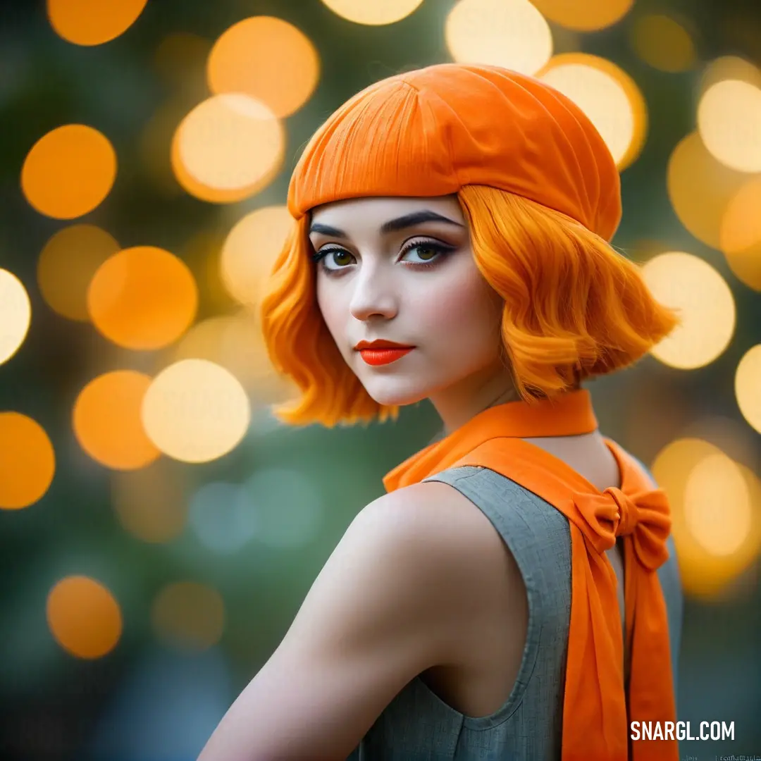 Woman with orange hair and a bright orange scarf on her head and a green dress with a bow. Color RGB 247,149,58.