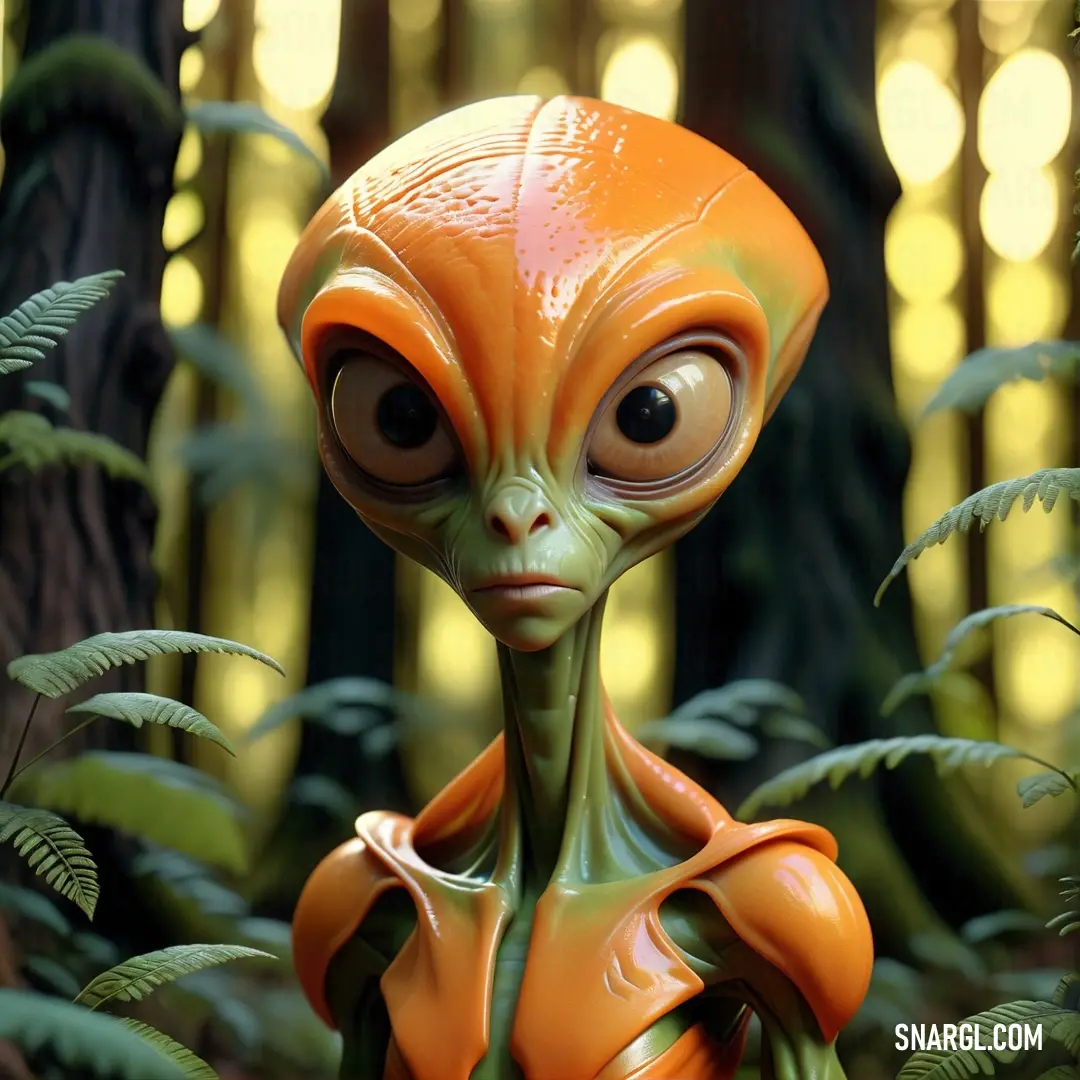 Close up of a toy alien in a forest with trees and plants in the background. Color CMYK 0,59,85,0.