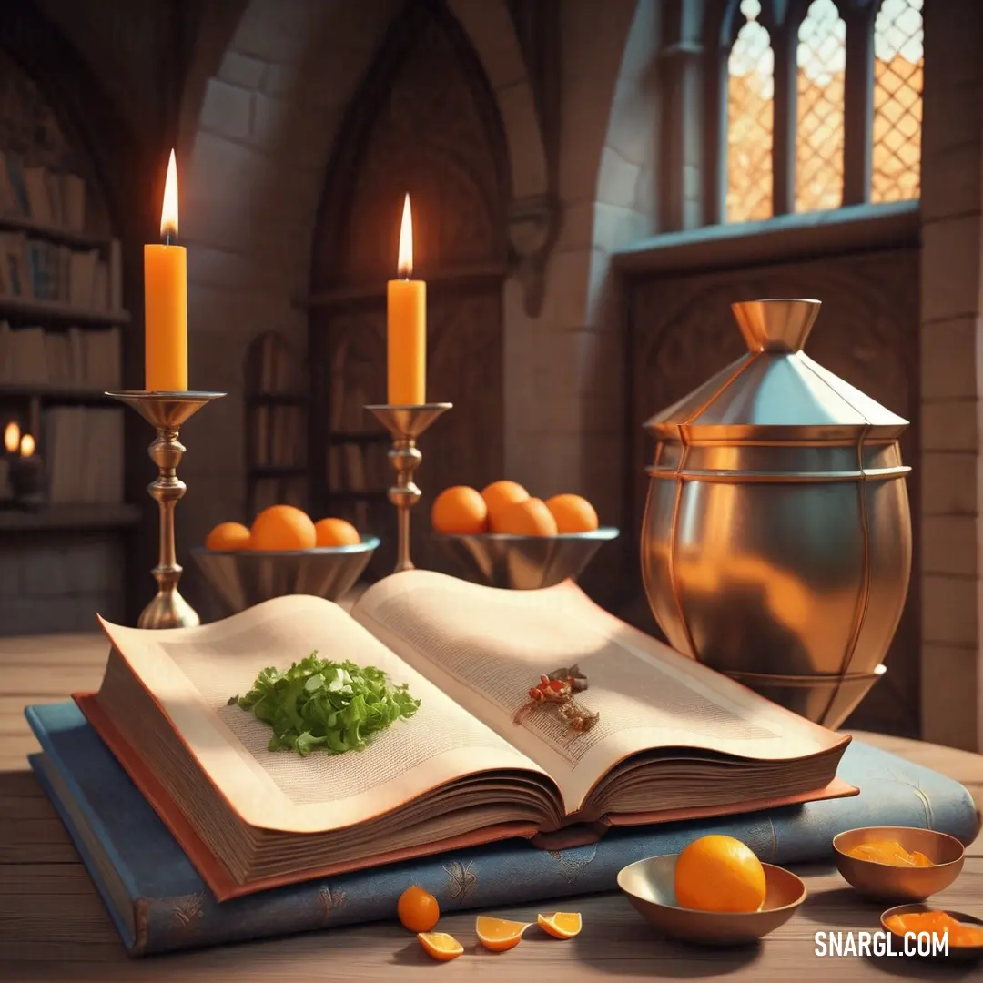 Book with a candle and some oranges on a table with a bowl of oranges and a book. Color NCS S 1060-Y40R.