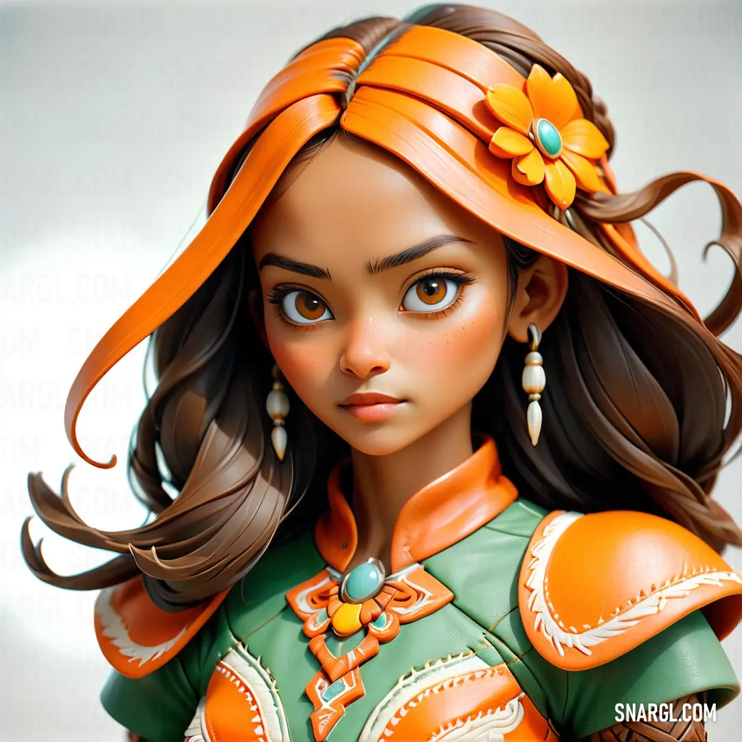 Cartoon girl with a flower in her hair and a green dress with orange accents. Color #F4802A.