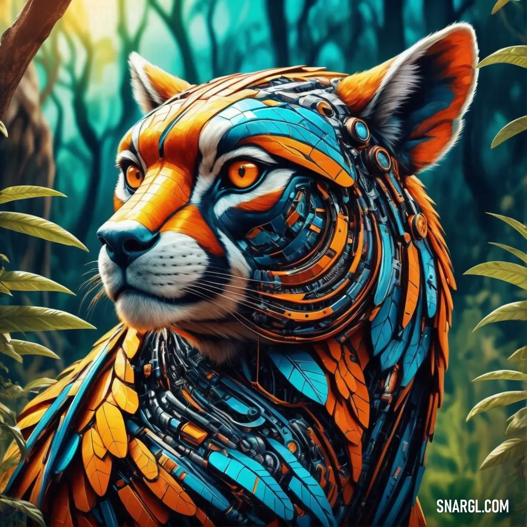 NCS S 1060-Y40R color. Painting of a tiger in a forest with trees and bushes in the background