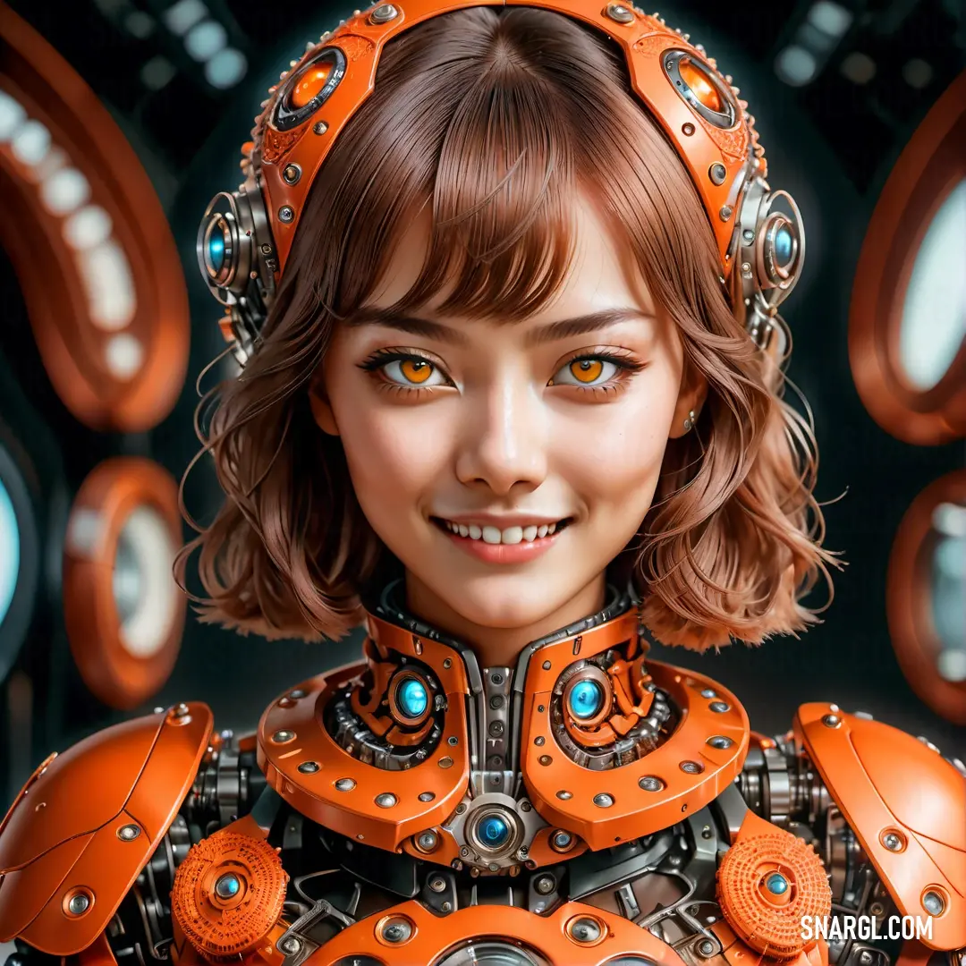Digital painting of a woman in a robot suit with orange eyes and a smile on her face. Example of NCS S 1060-Y50R color.