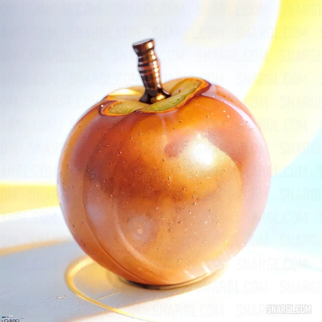 Shiny apple with a screw in the middle of it's shell and a yellow background. Example of #F47D32 color.