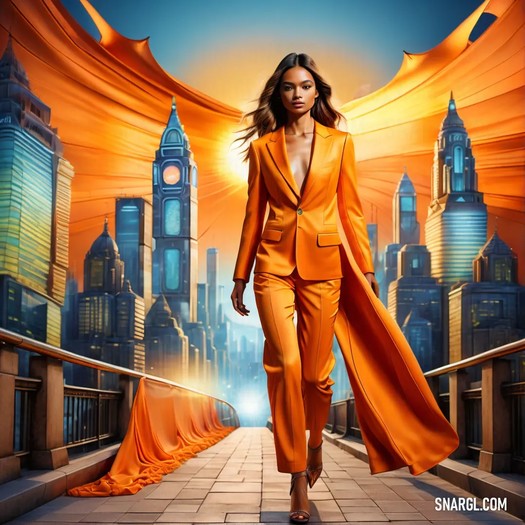 Woman in an orange suit walking down a street with a city skyline in the background. Example of NCS S 1060-Y50R color.