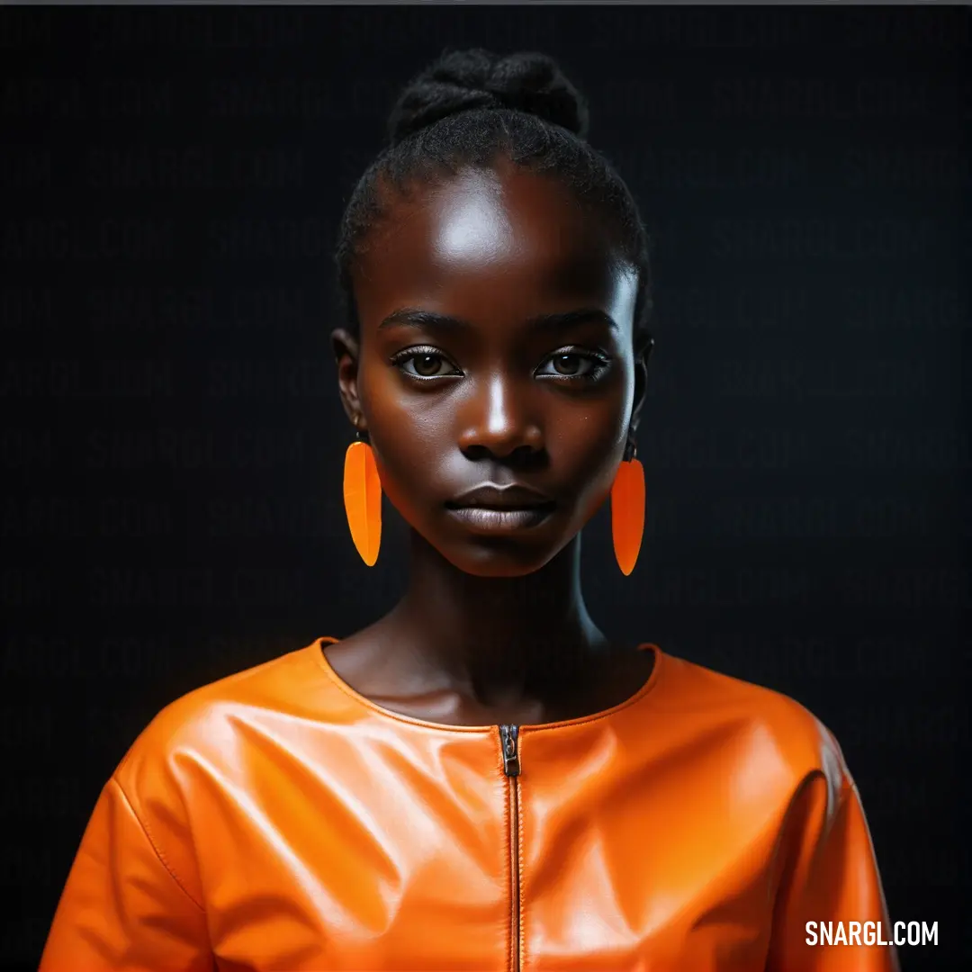 Woman with orange earrings and a black background. Example of RGB 244,125,50 color.