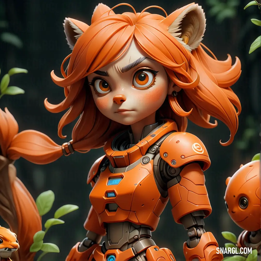 A whimsical cartoon character with bright orange hair and a fox-inspired outfit radiates cheer and playfulness, inviting smiles from onlookers.