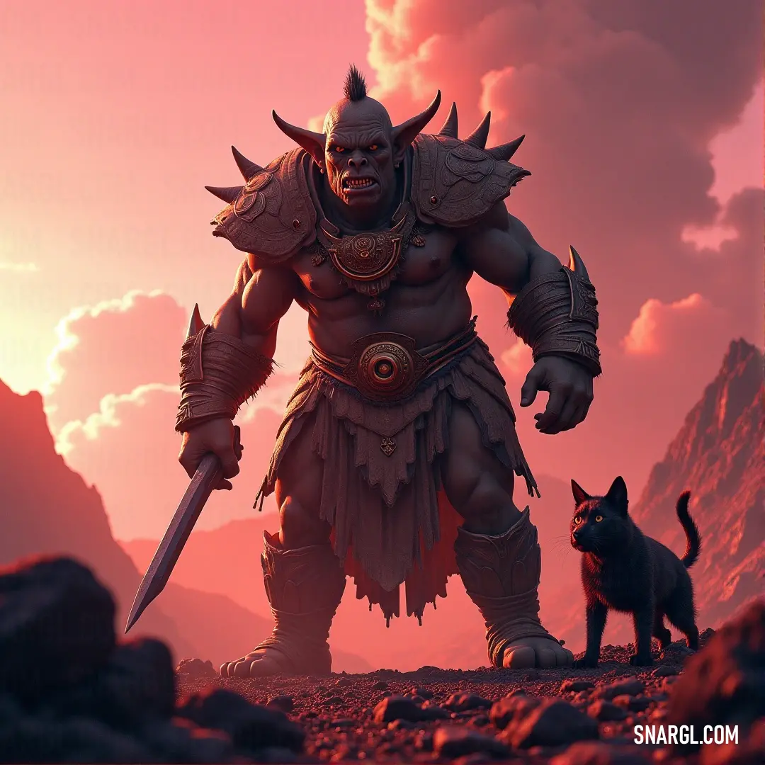 A valiant warrior holds a shimmering sword, accompanied by a curious cat, amidst a stunning sunset that bathes the clouds in vibrant hues of orange and gold.