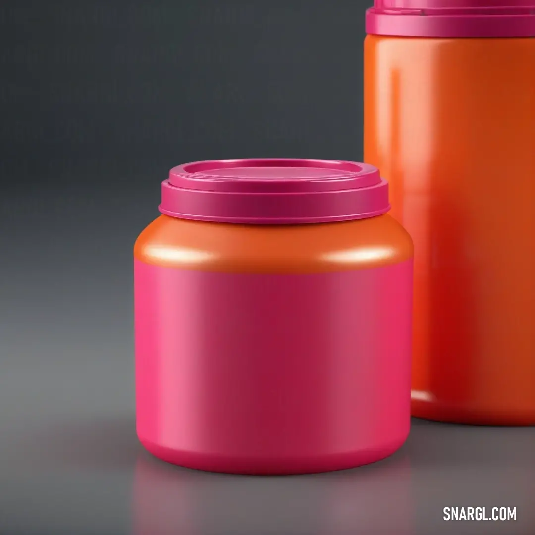 A visually striking arrangement of orange and pink containers set against a sleek black table, creating a vibrant contrast. The containers showcase the rich hues of NCS S 1060-Y60R color, capturing attention with their bold design and elegant placement.