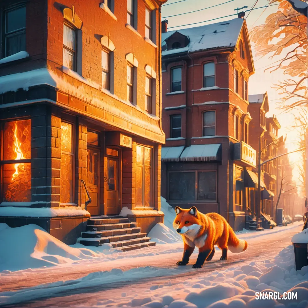 A majestic fox strolls down a tranquil snowy street, its fur glistening against the white landscape, as a cozy building with a fireplace stands in the background.