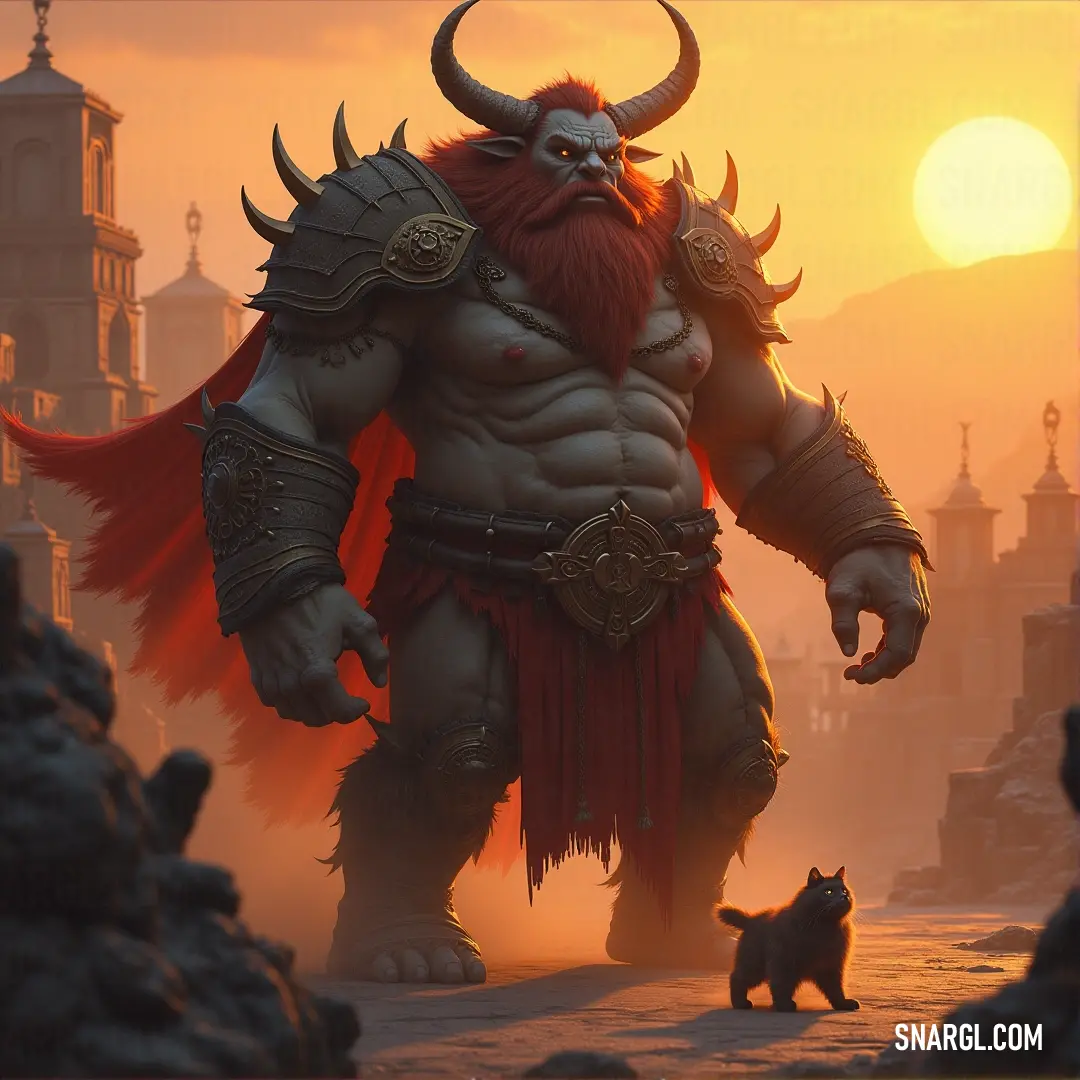 In a stunning urban landscape at sunset, a man with a beard and horns stands next to a cat, witnessing the awe-inspiring sight of a monstrous, horned figure in the distance. The colors of the sky mirror a blend of curiosity and intrigue.