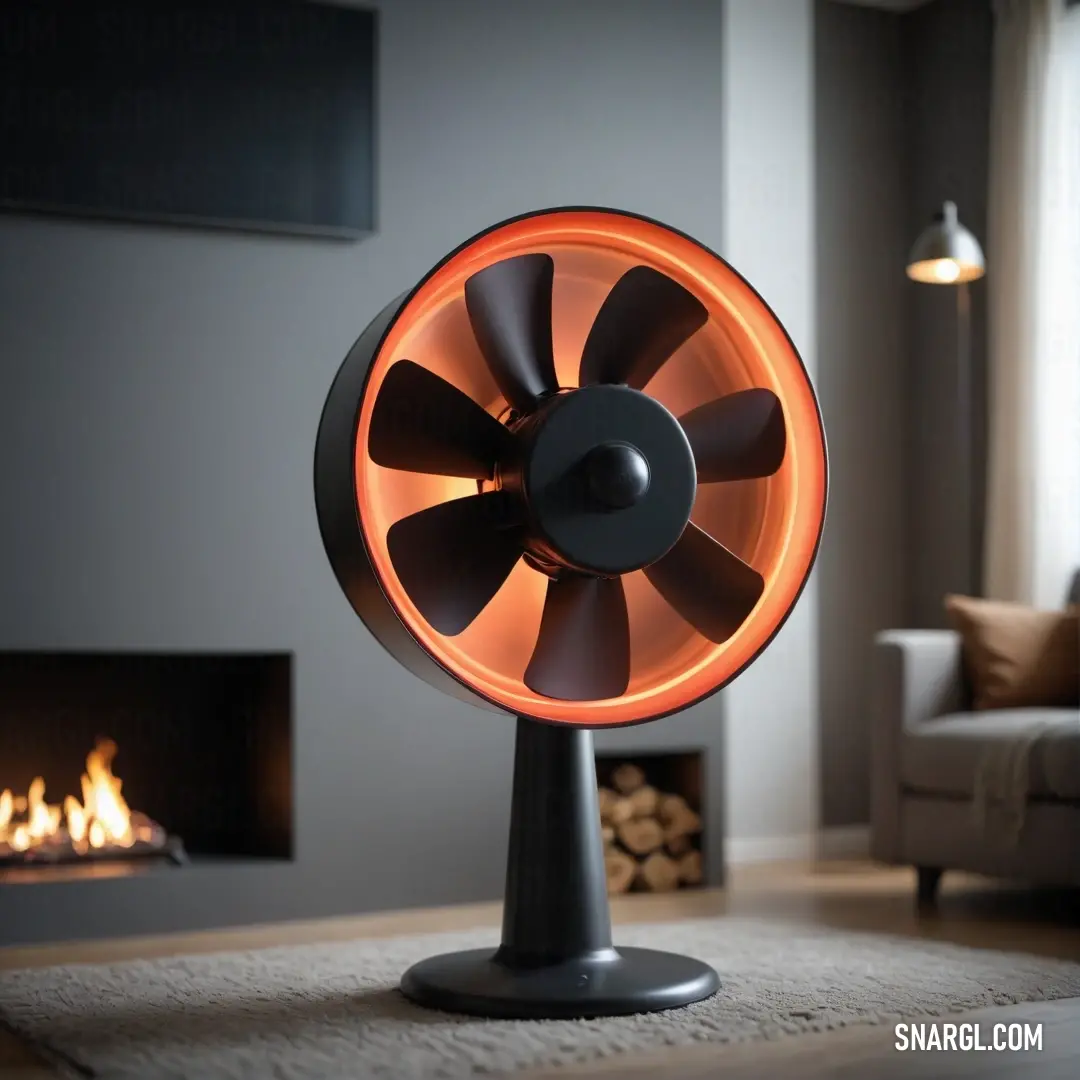 A striking black and orange fan resting gracefully on a cozy rug in a living room, rounded by a glowing fireplace and a plush couch, creating a warm and inviting ambiance.