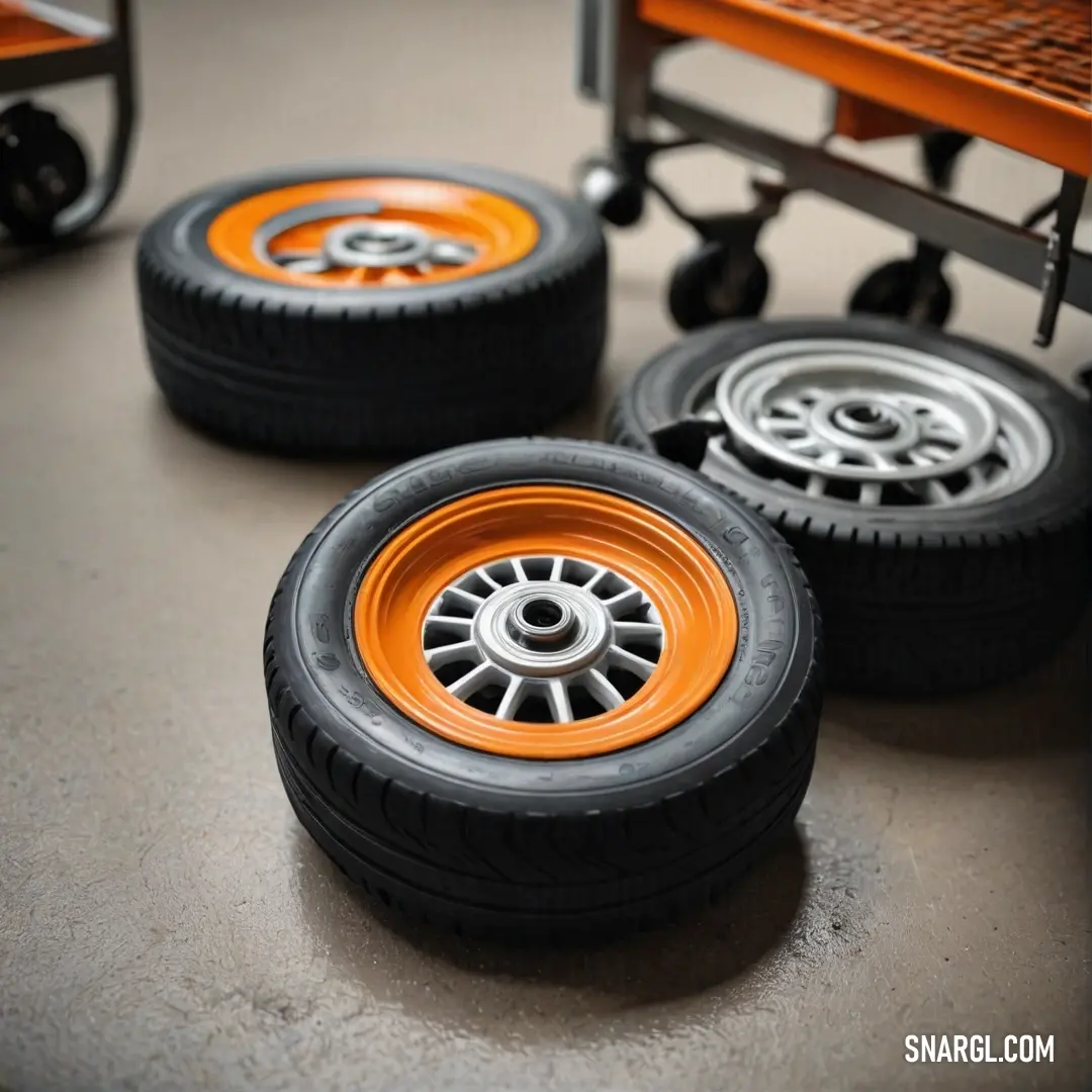 A collection of bright orange wheels and rugged black tires artfully arranged on a table, with a rustic bench in the background, creating a vibrant scene. The striking RGB color 240,100,44 captivates attention.