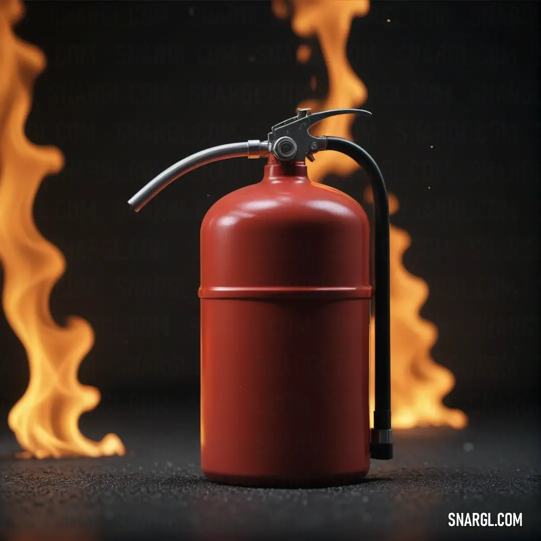 A bright fire extinguisher boldly contrasts against a backdrop of flames, embodying safety amidst chaos. The NCS S 1060-Y60R color emphasizes its crucial role in fire safety and emergency preparedness.