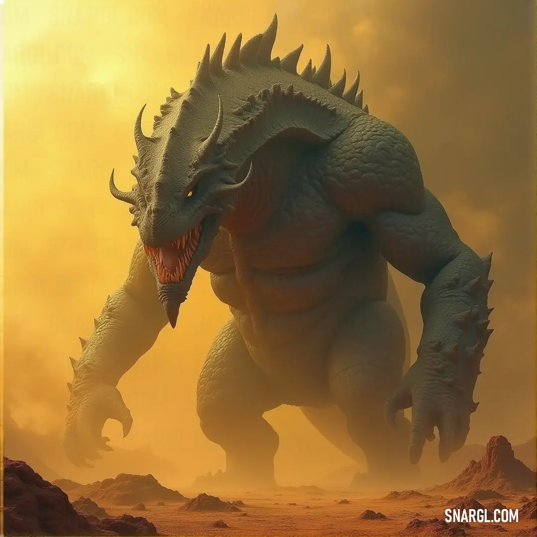 A massive white creature resembling a godzilla stands imposingly in a vast desert landscape, under a striking yellow sky, evoking a sense of power and otherworldly presence in the heart of a desolate world.