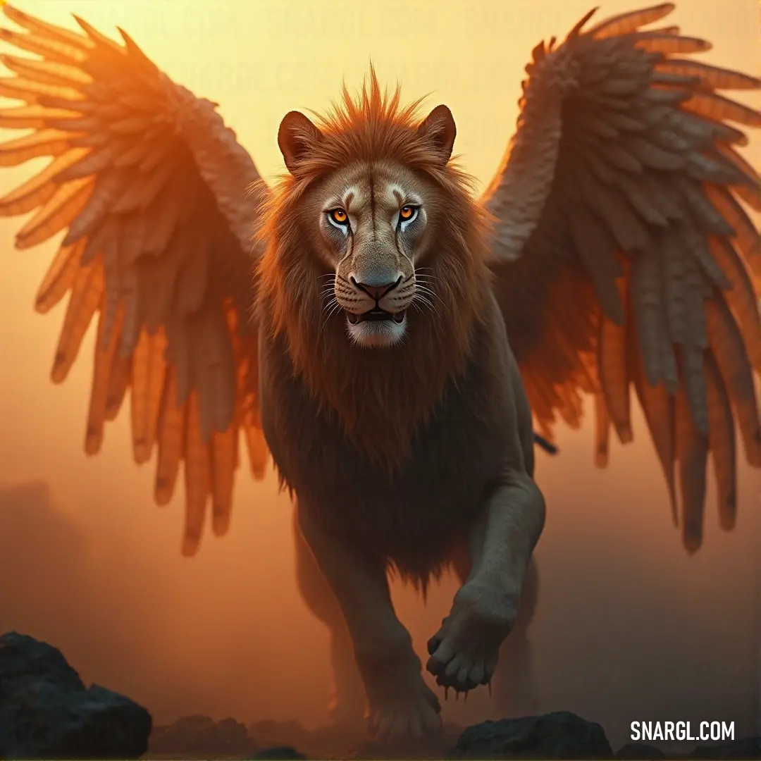 A mythical lion adorned with majestic wings gracefully walks through a desert, its presence commanding yet serene against a backdrop of rugged rocks and a vast sky, embodying strength and freedom.