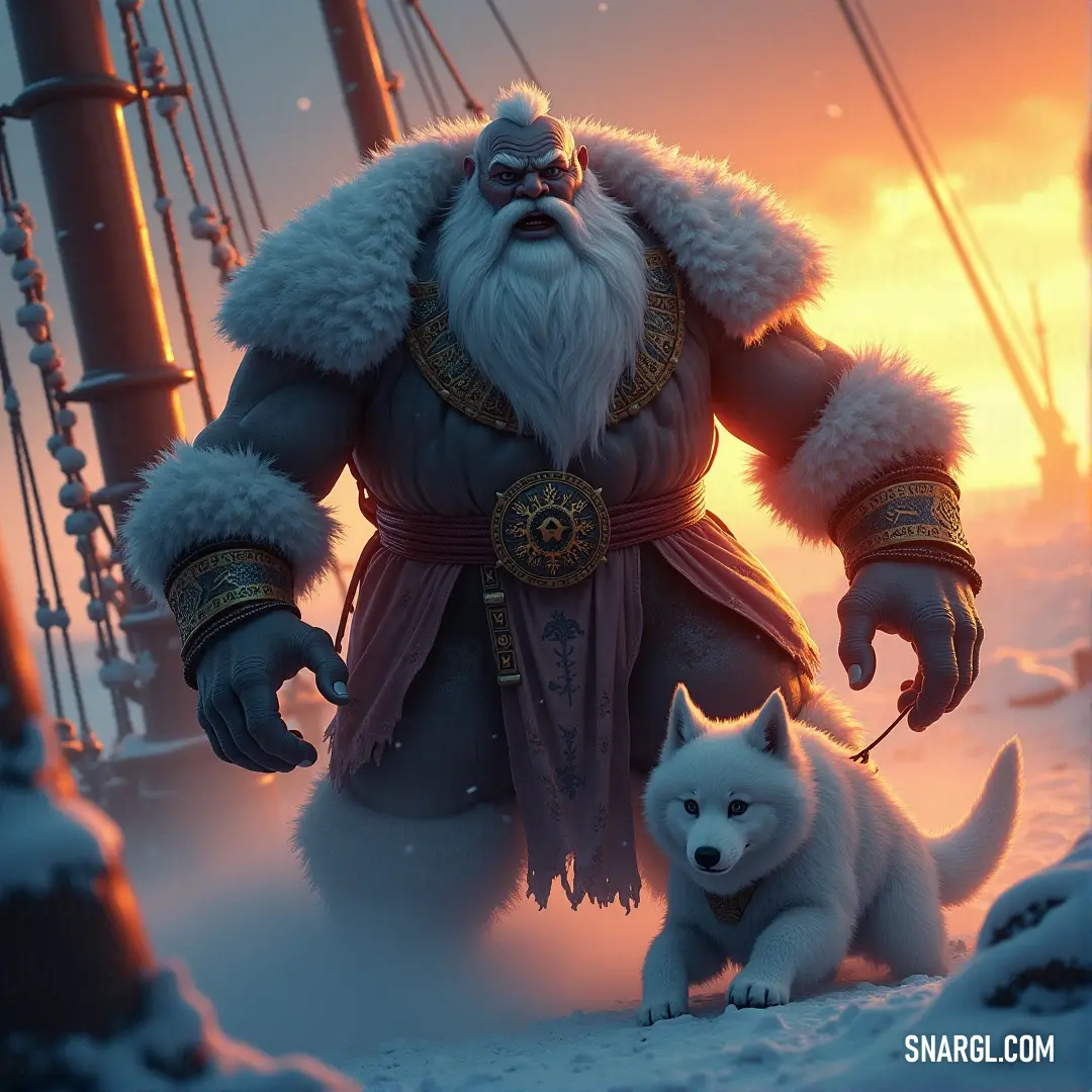 A man in a cozy fur coat stands on a snowy expanse, accompanied by a faithful dog, while a majestic ship looms in the distance. The scene is an enchanting blend of winter's chill and adventurous spirit, accented by the bright shimmer of ice.