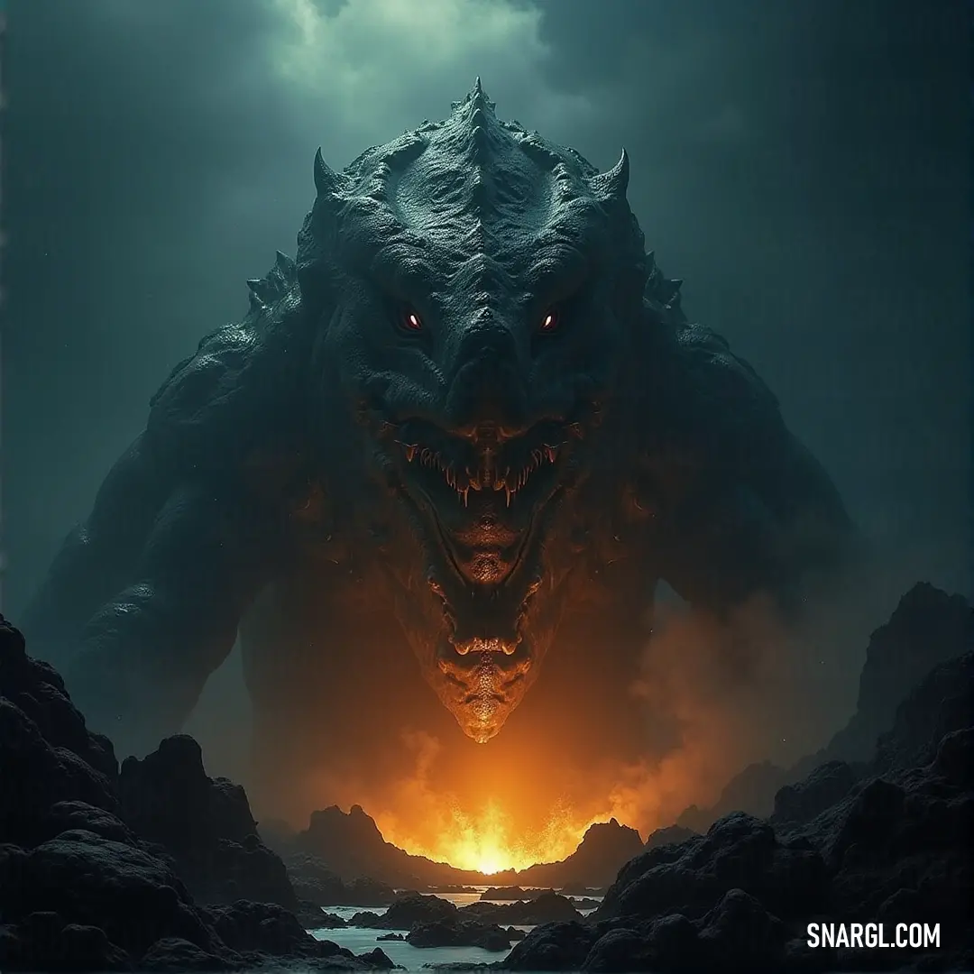 A mysterious monster with glowing eyes and an illuminated face emerges from a dark landscape filled with jagged rocks and shimmering water, creating an eerie yet captivating atmosphere.