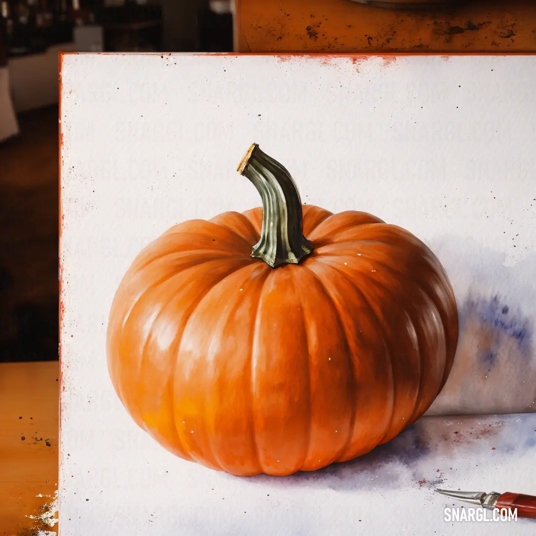 Painting of a pumpkin on a white paper with a brush next to it and a bottle of paint. Example of CMYK 0,70,80,0 color.