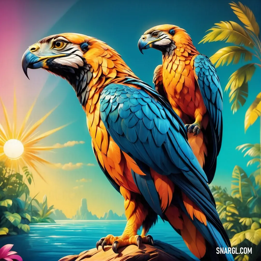 NCS S 1060-Y60R color. Two colorful birds on a rock near a body of water and palm trees with a sun in the background