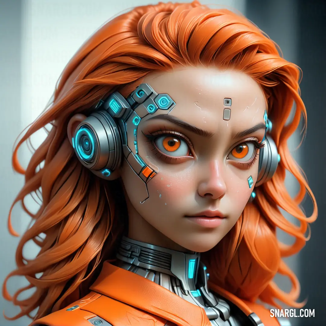 NCS S 1060-Y60R color example: Woman with headphones on her ears and orange hair is looking at the camera