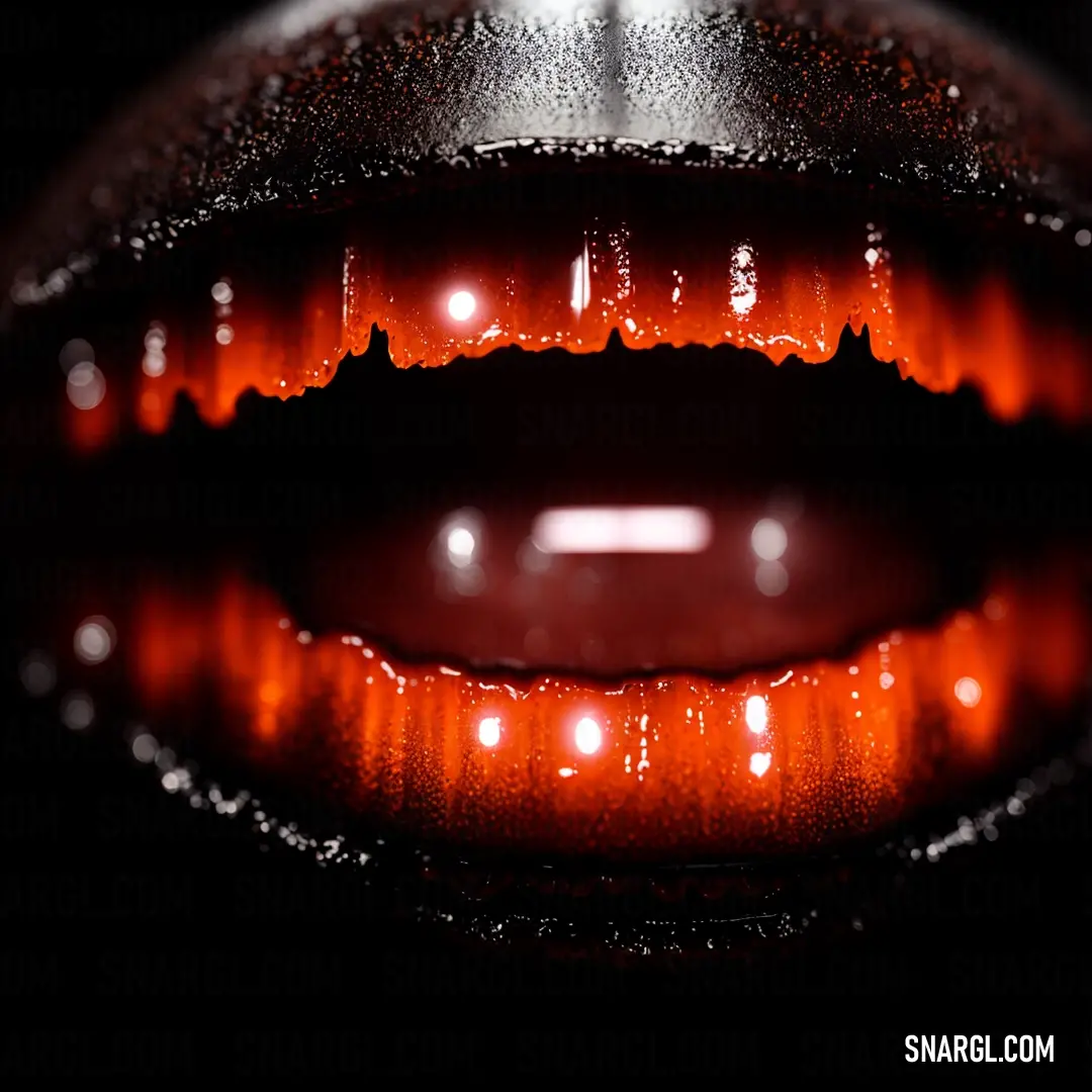 NCS S 1060-Y70R color. Close up of a red lip with water droplets on it's lip and a black background