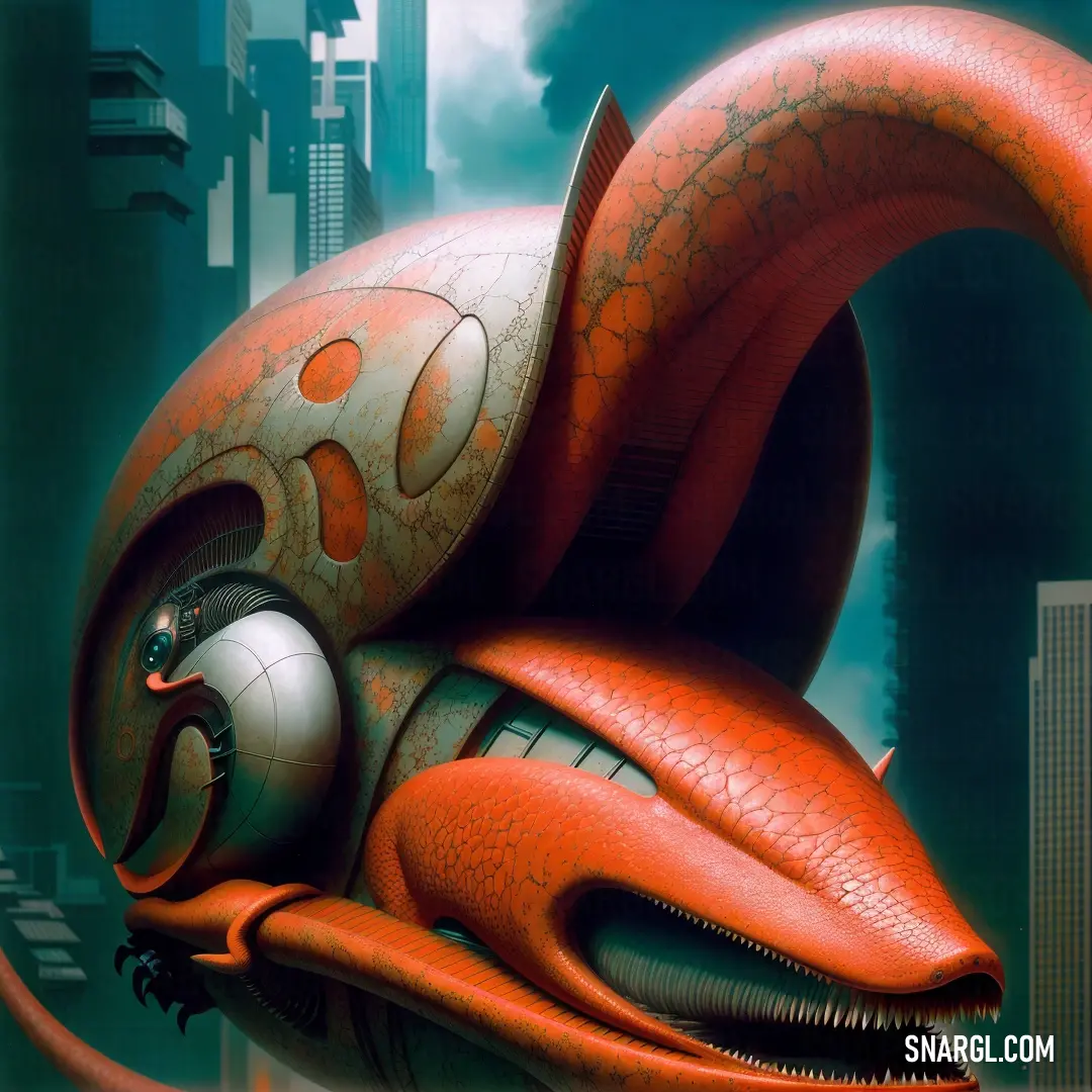 Red and white creature with a large head and a large body of teeth in a cityscape. Color CMYK 0,71,71,0.
