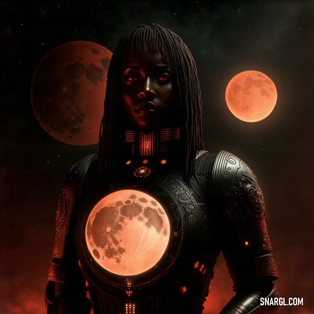 Woman in a futuristic suit with a full moon in the background. Example of RGB 244,101,63 color.