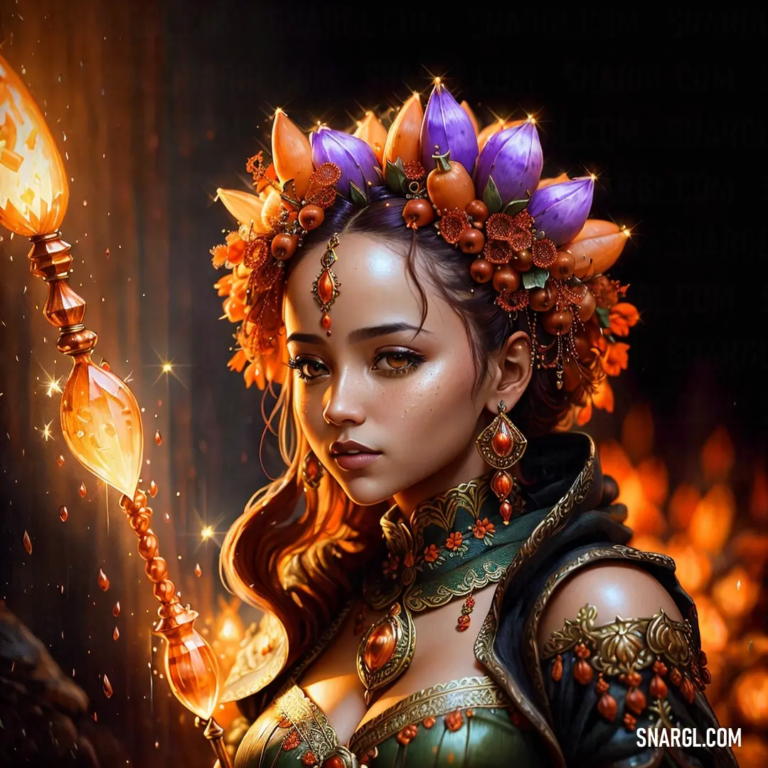 Woman with a clock and flowers in her hair holding a wand with a flame in her hand and a glowing orb in her hand