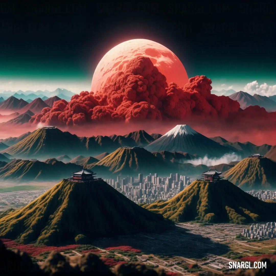 Painting of a city surrounded by mountains and a giant red moon in the sky above it is a red and green landscape